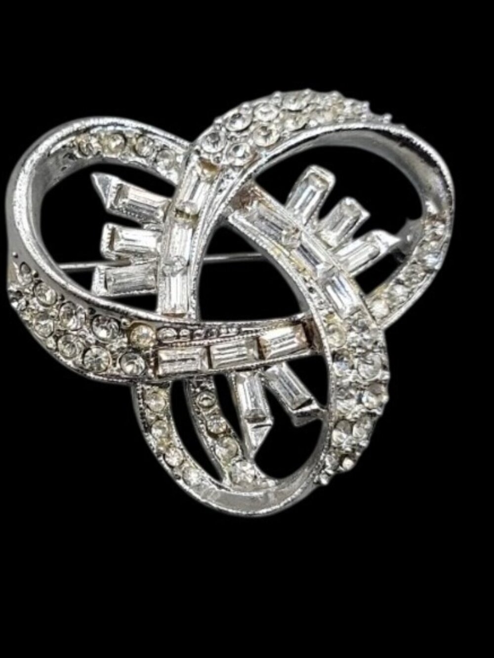 Vintage Clear Rhinestone Brooch Love Knot Silver Tone Wedding Bride Prom Formal